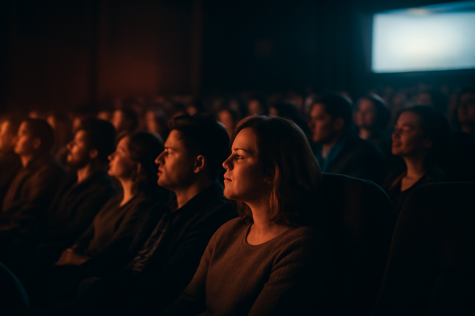 Penonton duduk di kursi bioskop dalam pemutaran film festival dengan cahaya layar