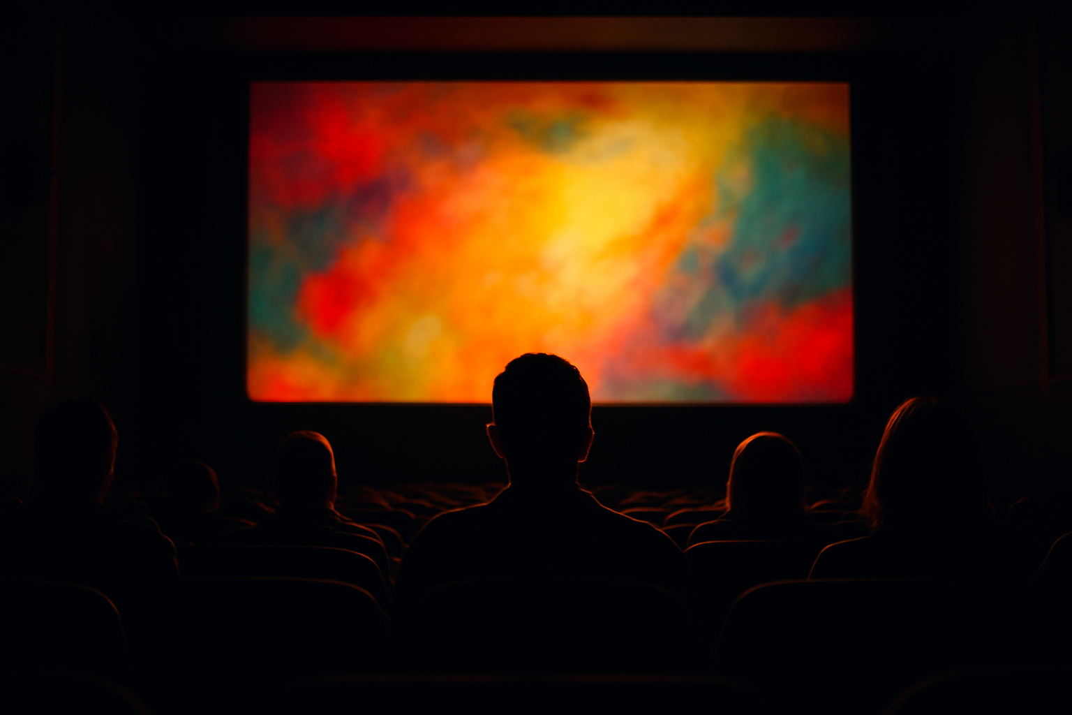 Suasana bioskop dengan layar film berwarna dan penonton dari belakang