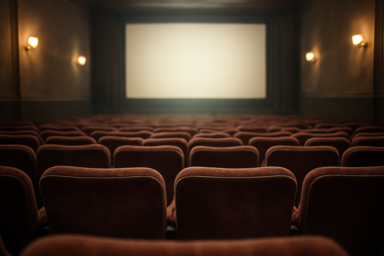 Ruang bioskop independen dengan kursi beludru merah dan layar kosong yang menyala samar