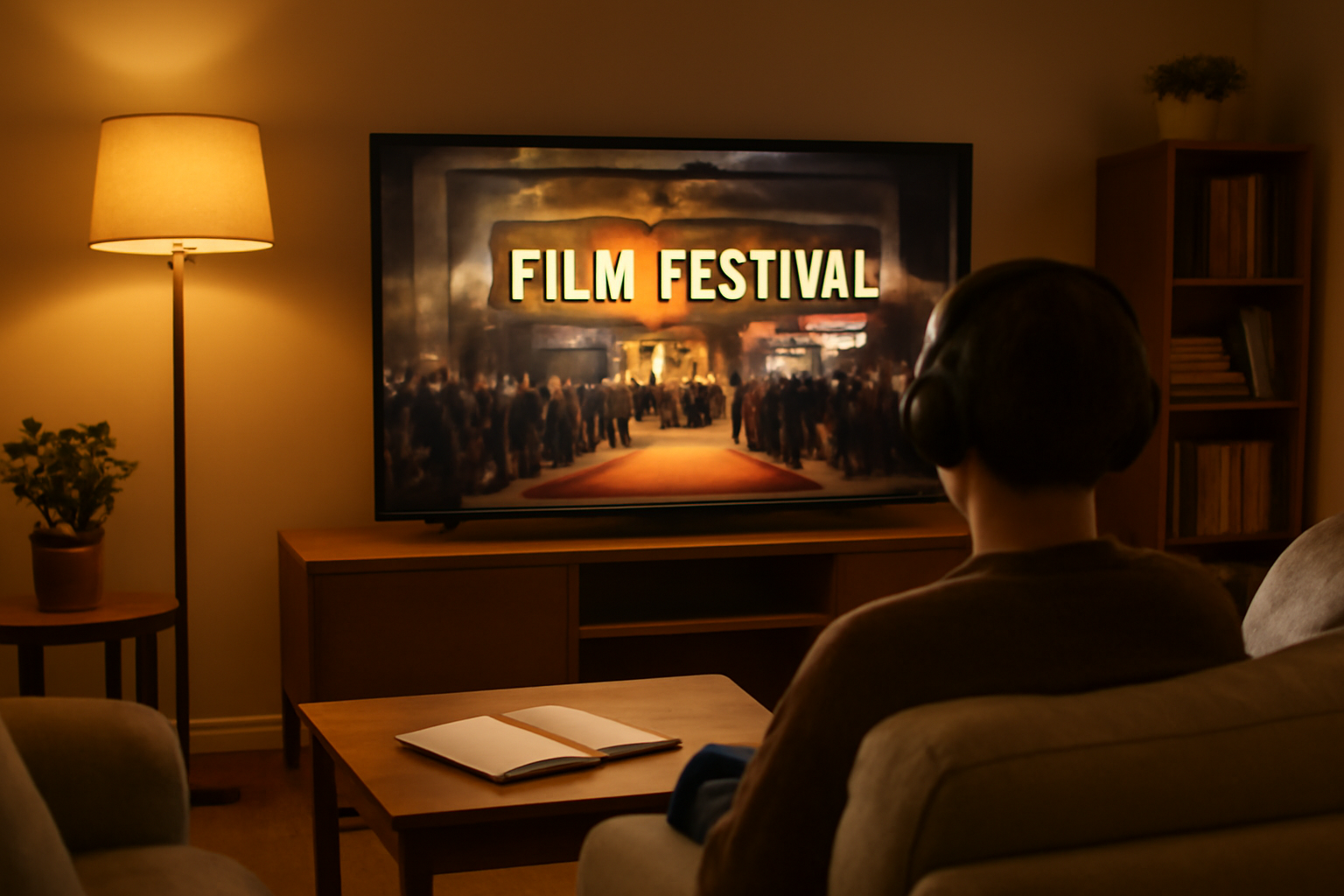 Seseorang menonton film festival di rumah dengan nyaman